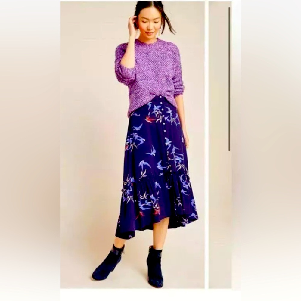 Maeve by Anthropologie Merida Flounced Flowy Boho Bird Print Midi Skirt - 6